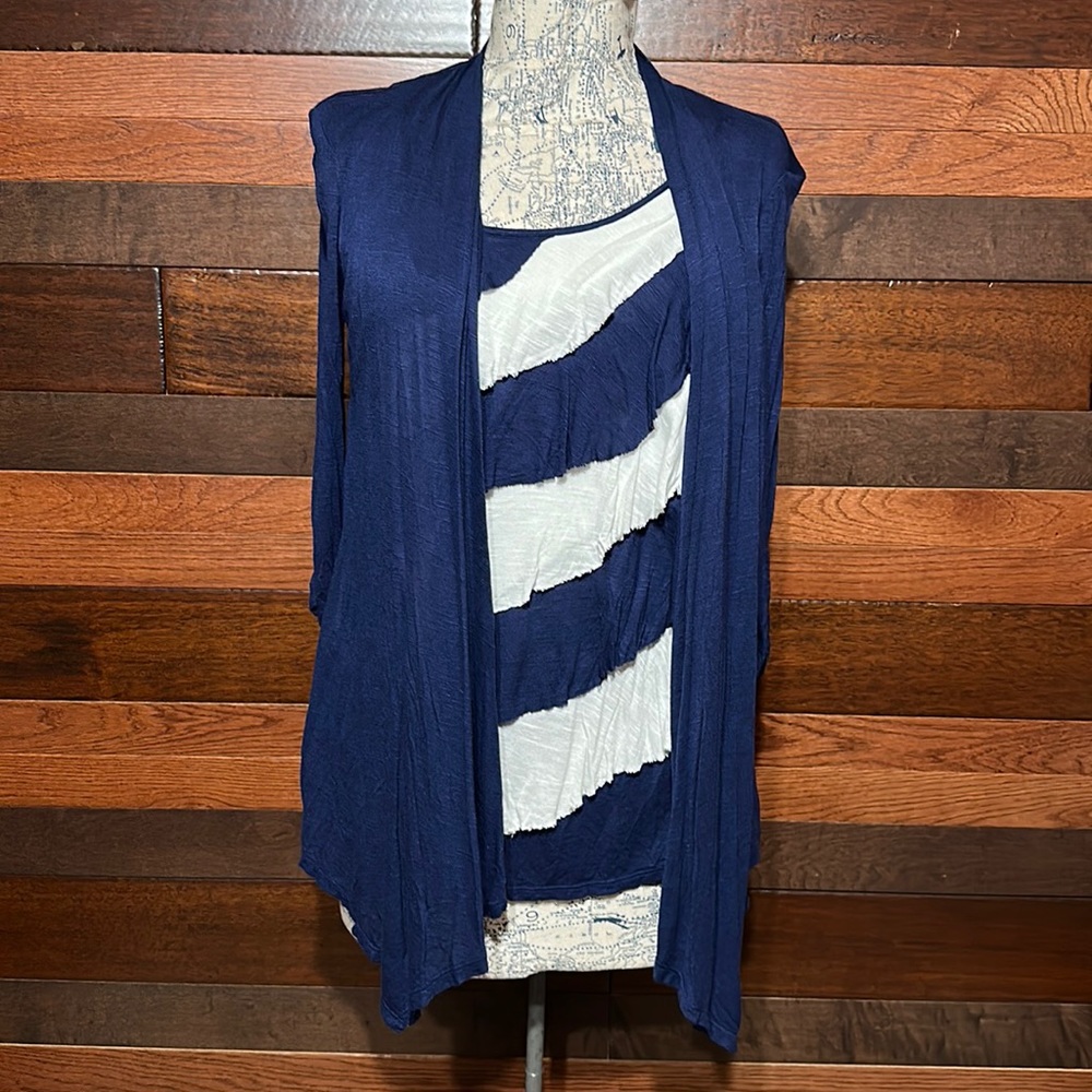 Le Rouge Stretchy Scoop Neck Long Sleeve Navy and White Built in Cardigan Blouse